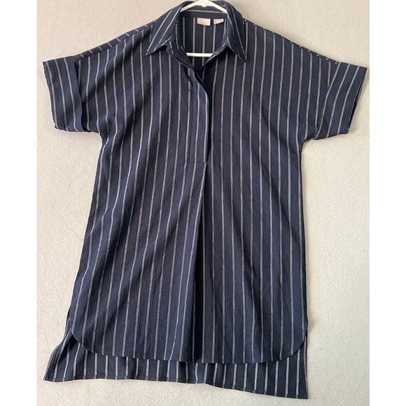 Chico’s Travlers Blouse Tunic Women’s 1(8/10) Navy Blue Strip Collard Button - Picture 3 of 8